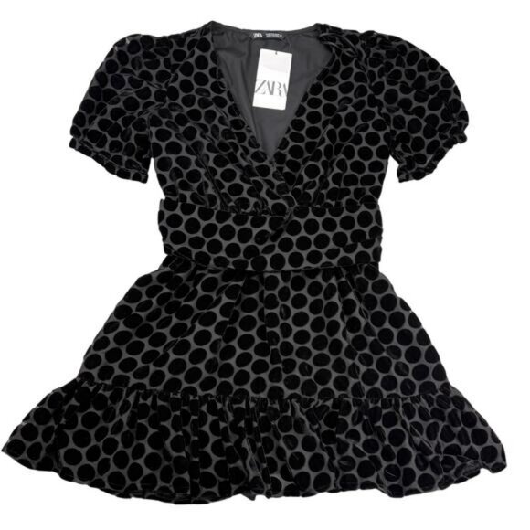 Zara Velvet Polka Dot Mini Dress With Puff Sleeves Size Small - Picture 7 of 10